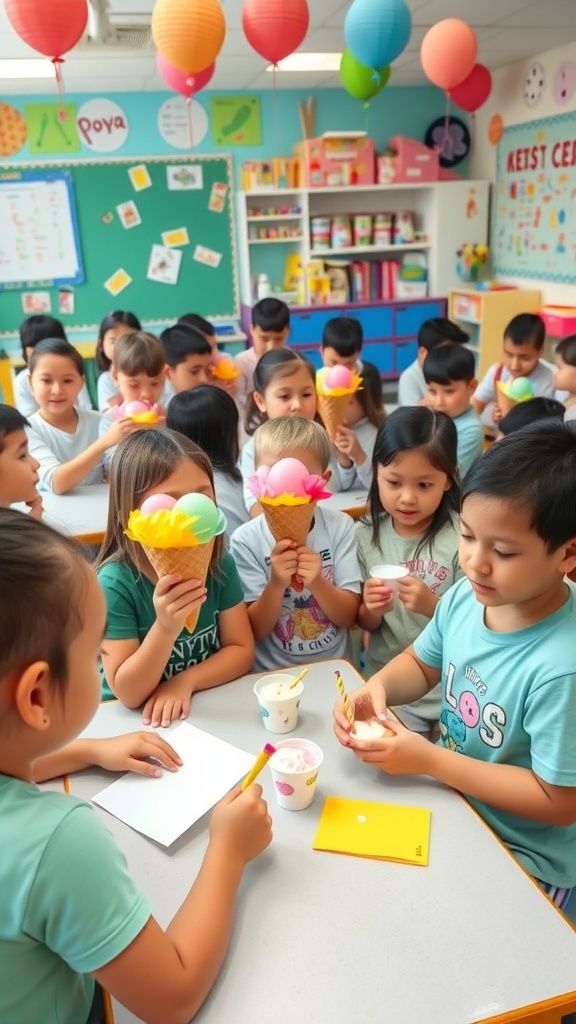 Ice Cream-Themed Kindergarten Activities Children in a kindergarten classroom enjoying ice cream-themed activities, crafting cones and tasting flavors.